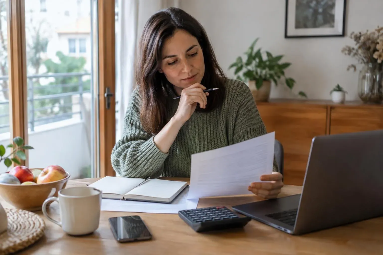 Eine Frau liest zu Hause Finanzunterlagen neben ihrem Laptop.